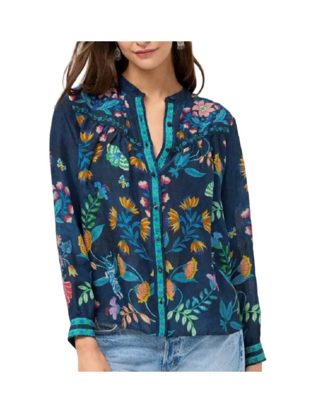 NWT Johnny Was Elizabeth Shirred Western Shirt Floral Butterfly XS